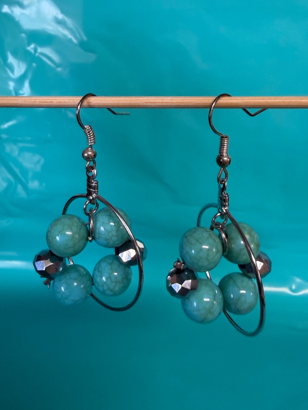 Turquoise Blue Beaded Silver Tone Hoop Dangle Earrings Boho Statement